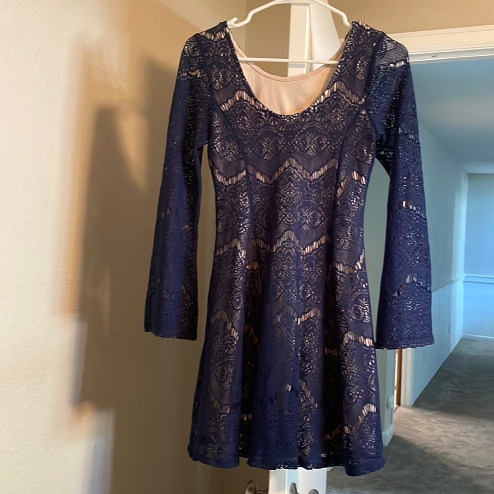Xhilaration Navy Long Sleeve, Short Lace Dress